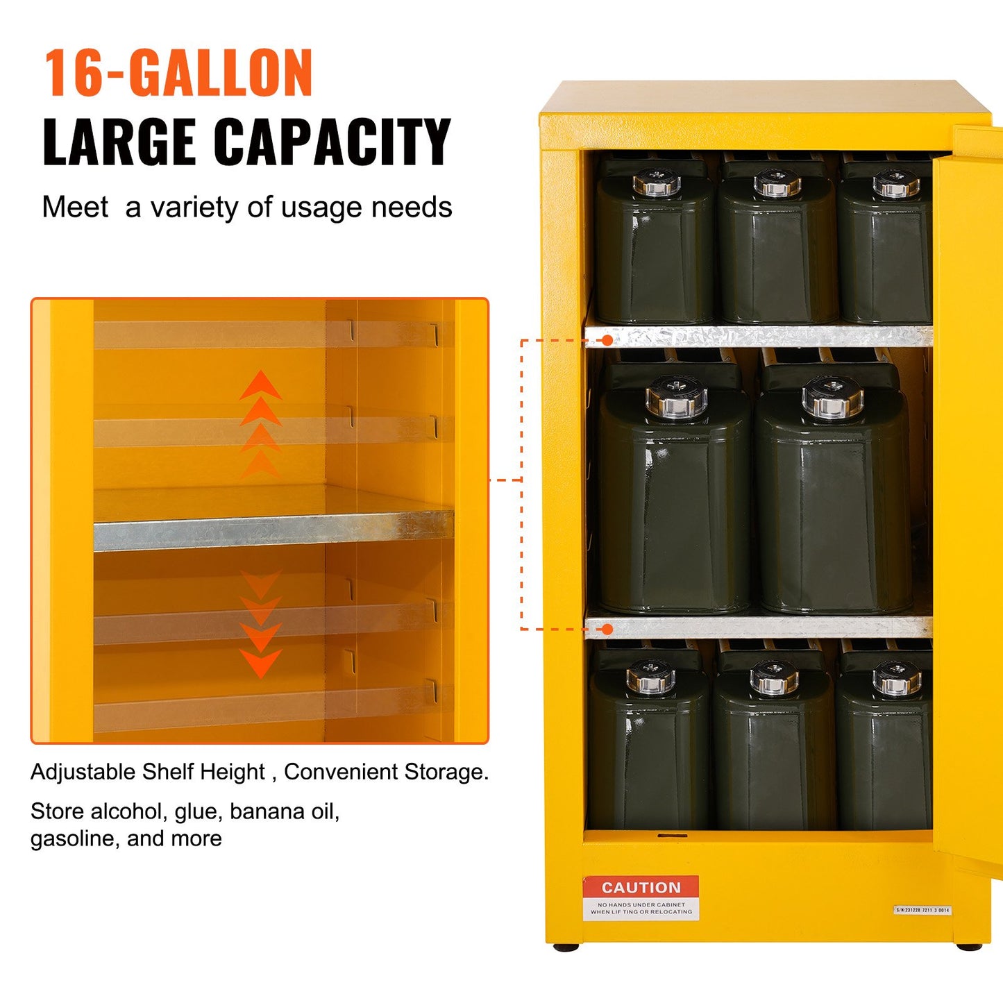Flammable Safety Cabinet, 16 Gal, Cold Rolled Steel Flammable Liquid Storage Cabinet, 18.1 x 18.1 x 35.4 in Explosion Proof with 2 Adjustable Shelves 1 Door for Commercial Industrial Use, Yellow
