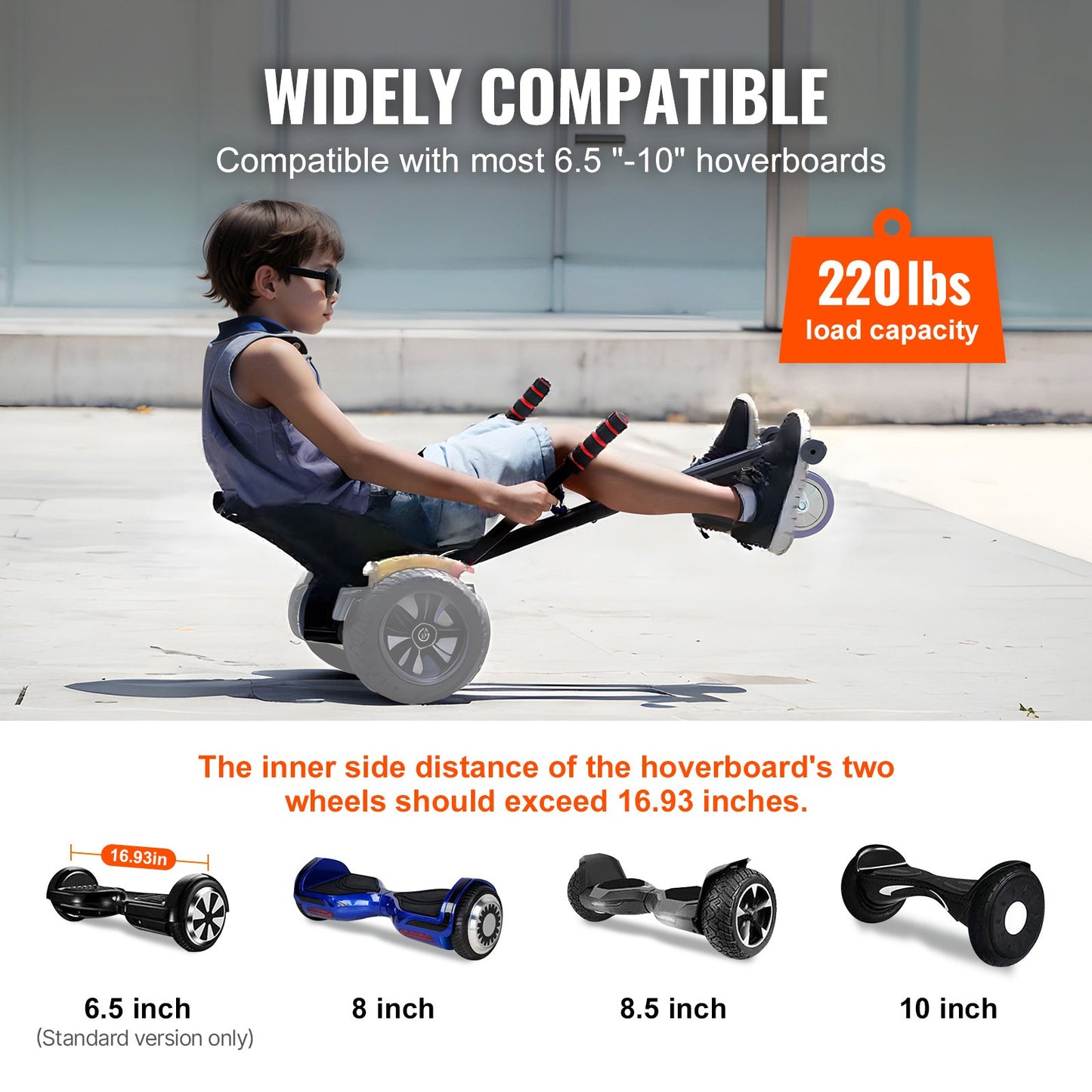 Hoverboard Seat Attachment, Compatible with All 6.5" 8" 8.5" 10" Hoverboards, Grips Control, Adjustable Frame Length and 220 LBS Load Capacity, Hover Board Go Karts Accessory, for Kids Adults