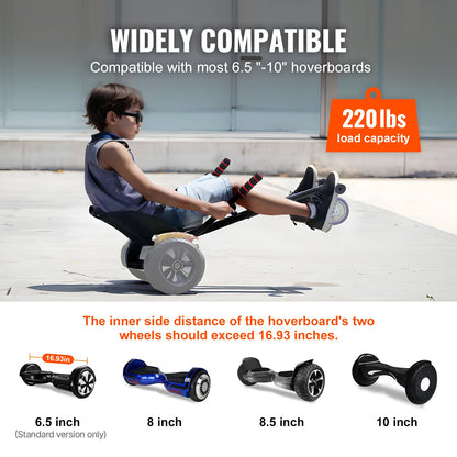 Hoverboard Seat Attachment, Compatible with All 6.5" 8" 8.5" 10" Hoverboards, Grips Control, Adjustable Frame Length and 220 LBS Load Capacity, Hover Board Go Karts Accessory, for Kids Adults