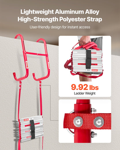 Fire Escape Ladder, 2-Story 13FT Retractable Emergency Fire Ladder, Lightweight Aluminum Alloy Safety Escape Ladders with Sturdy Polyester Strap, Anti-Slip Rung & Wide Steps, 1000LBS Max Loading