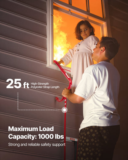 Fire Escape Ladder, 3-Story 25FT Retractable Emergency Fire Ladder, Lightweight Aluminum Alloy Safety Escape Ladders with Sturdy Polyester Strap, Anti-Slip Rung & Wide Steps, 1000LBS Max Loading