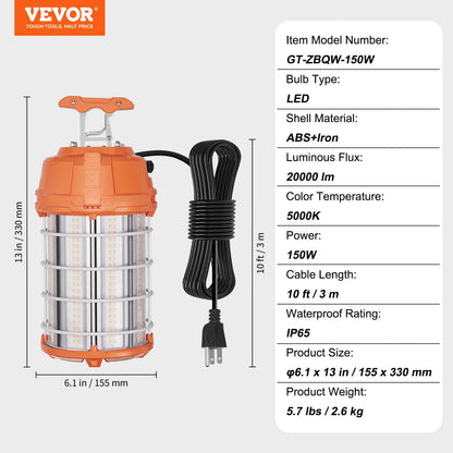 LED Portable Work Lamp, 150W, 20000lm, 5000K Durable & Water-Resistant, Linkable up to 6 Units, Ceiling or Stand Job Site Illumination for Both Indoor & Outdoor Use