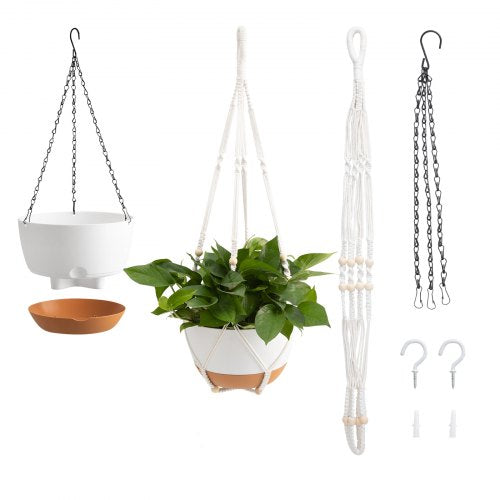 Hanging Planters, 10 Inch Self-Watering Hanging Planter, 2 Pack Flower Pots with Drainage Hole & 2 Kinds of Plant Hangers, Plastic Basket Pots, for Garden Home Decor, Indoor & Outdoor Plants