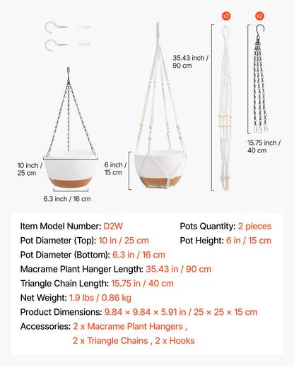 Hanging Planters, 10 Inch Self-Watering Hanging Planter, 2 Pack Flower Pots with Drainage Hole & 2 Kinds of Plant Hangers, Plastic Basket Pots, for Garden Home Decor, Indoor & Outdoor Plants