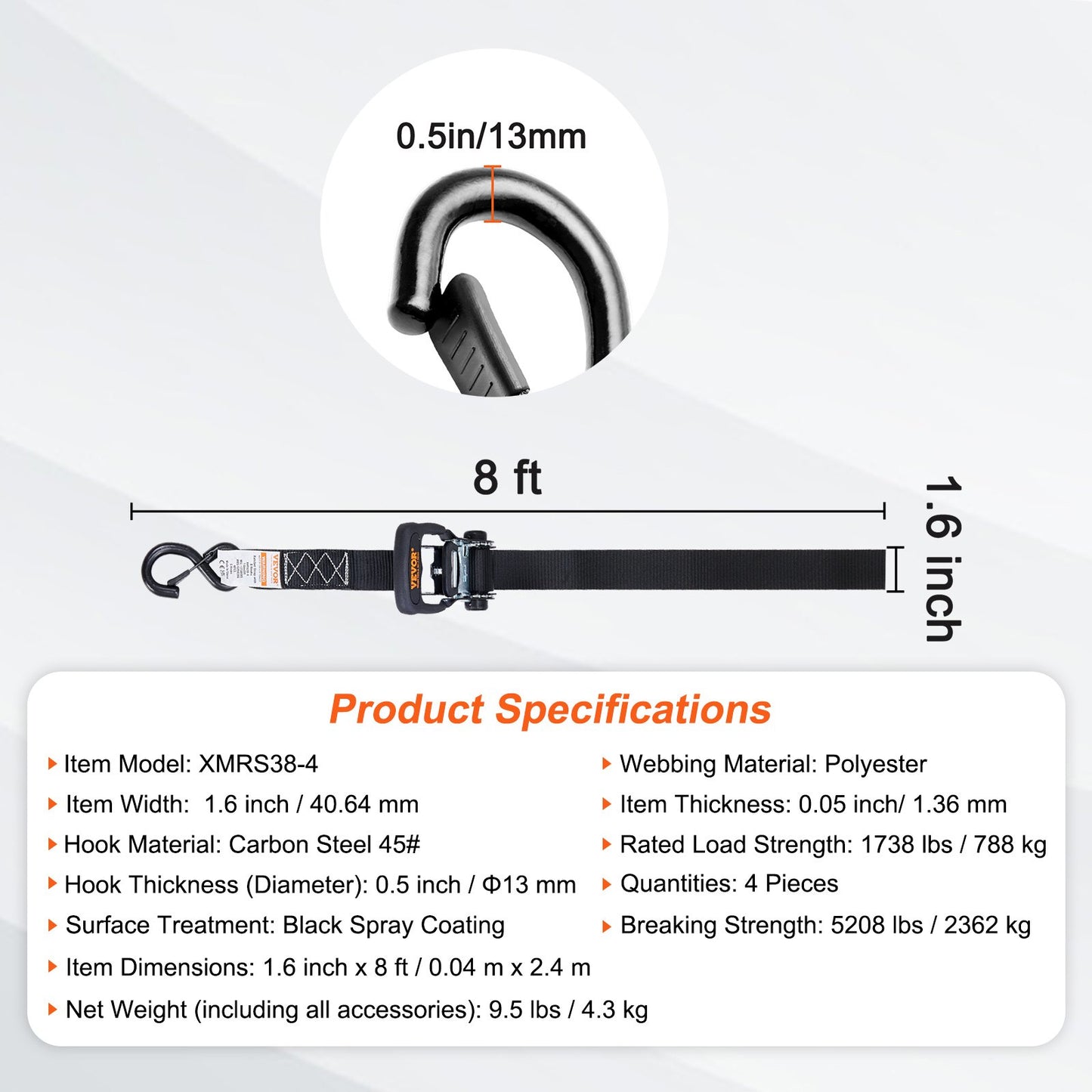 Ratschen-Spanngurte (4er-Pack), 2300 kg maximale Bruchfestigkeit, inkl. 4 Premium-Ratschen-Spanngurte 4,1 x 20,3 cm mit gepolsterten Griffen, zur Ladungssicherung beim Bewegen, für Haushaltsgeräte, Rasengeräte, Motorräder