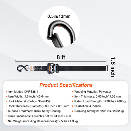 Ratschen-Spanngurte (4er-Pack), 2300 kg maximale Bruchfestigkeit, inkl. 4 Premium-Ratschen-Spanngurte 4,1 x 20,3 cm mit gepolsterten Griffen, zur Ladungssicherung beim Bewegen, für Haushaltsgeräte, Rasengeräte, Motorräder
