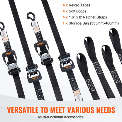 Ratchet Tie Down Straps (4PK), 5208 lb Max Break Strength, Includes 4 Premium 1.6" x 8' Rachet Tie Downs with Padded Handles, for Moving Securing Cargo, Appliances, Lawn Equipment, Motorcycle