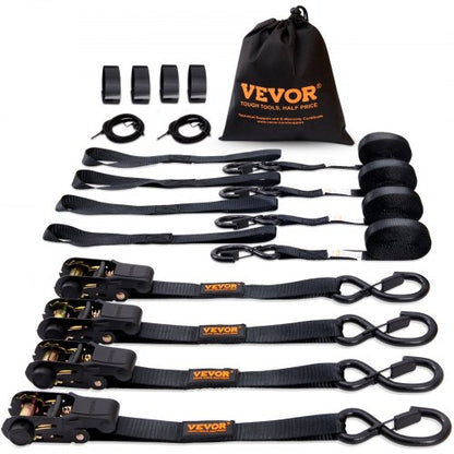 Ratchet Tie Down Straps (4PK), 2200 lb Max Break Strength, Includes 4 Premium 1" x 15' Rachet Tie Downs with Padded Handles, for Moving Securing Cargo, Appliances, Lawn Equipment, Motorcycle