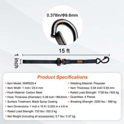 Ratschen-Spanngurte (4er-Pack), 2200 lb maximale Bruchfestigkeit, inkl. 4 Premium-Ratschen-Spanngurte 1" x 15" mit gepolsterten Griffen, zur Sicherung beweglicher Ladungen, Haushaltsgeräte, Rasengeräte, Motorräder