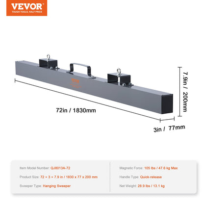 105lbs Hanging Magnetic Sweeper Pickup Tool, Nail Hang-Type Magnetic Forklift Sweeper, Industrial Grade Magnets Steel Material Hunting Accessories for Picking Up Bolts Nails Iron Chips Metals