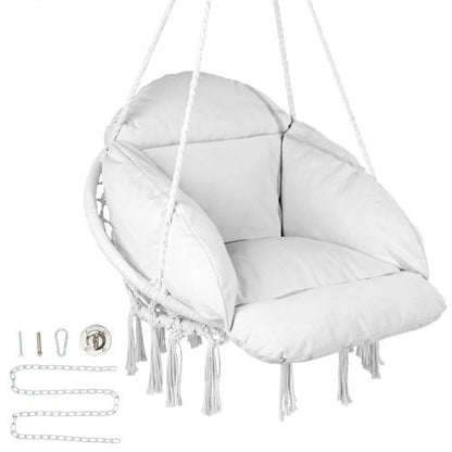 Hanging Hammock Swing Chair, Macramé Hanging Chair with Cushion and Mounting Hardware, Cotton Rope Swing Chair for Bedroom, Balcony, Patio, Garden, 264 lbs Capacity, White