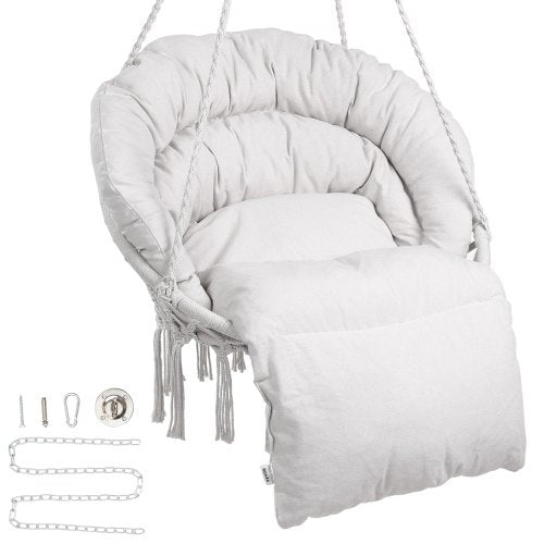 Hanging Hammock Swing Chair, 330 Lbs Capacity, Macramé Hanging Chair with Cushion and Mounting Hardware, Cotton Rope Swing Chair for Bedroom, Balcony, Patio, Garden, Beige