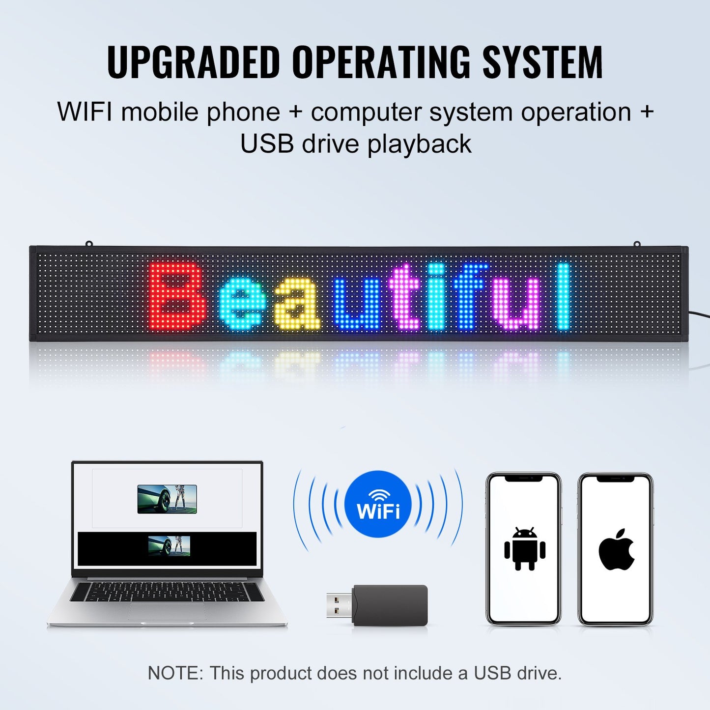 LED Message Board, P10 Full Color Scrolling Display, Customizable Text and Animation via WIFI or USB, Ideal for Retail, Parties, and Bars, 52"x8"