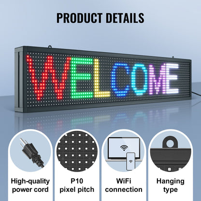 LED Message Board, P10 Full Color Scrolling Display, Customizable Text and Animation via WIFI or USB, Ideal for Retail, Parties, and Bars, 52"x8"