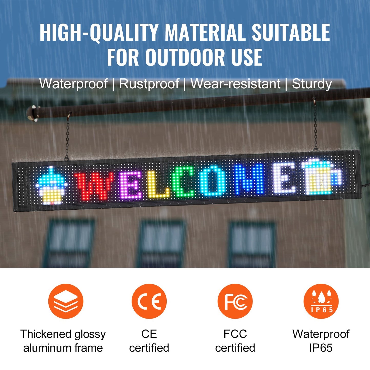 LED Message Board, P10 Full Color Scrolling Display, Customizable Text and Animation via WIFI or USB, Ideal for Retail, Parties, and Bars, 52"x8"