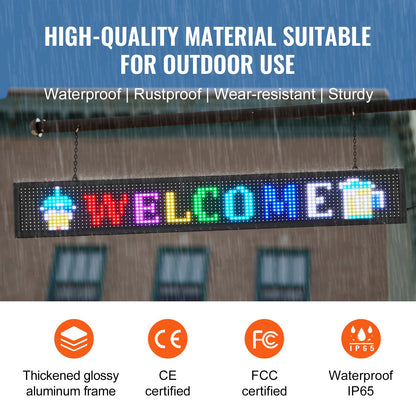 LED Message Board, P10 Full Color Scrolling Display, Customizable Text and Animation via WIFI or USB, Ideal for Retail, Parties, and Bars, 52"x8"