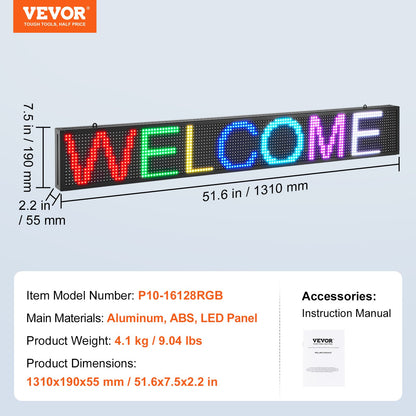 LED Message Board, P10 Full Color Scrolling Display, Customizable Text and Animation via WIFI or USB, Ideal for Retail, Parties, and Bars, 52"x8"