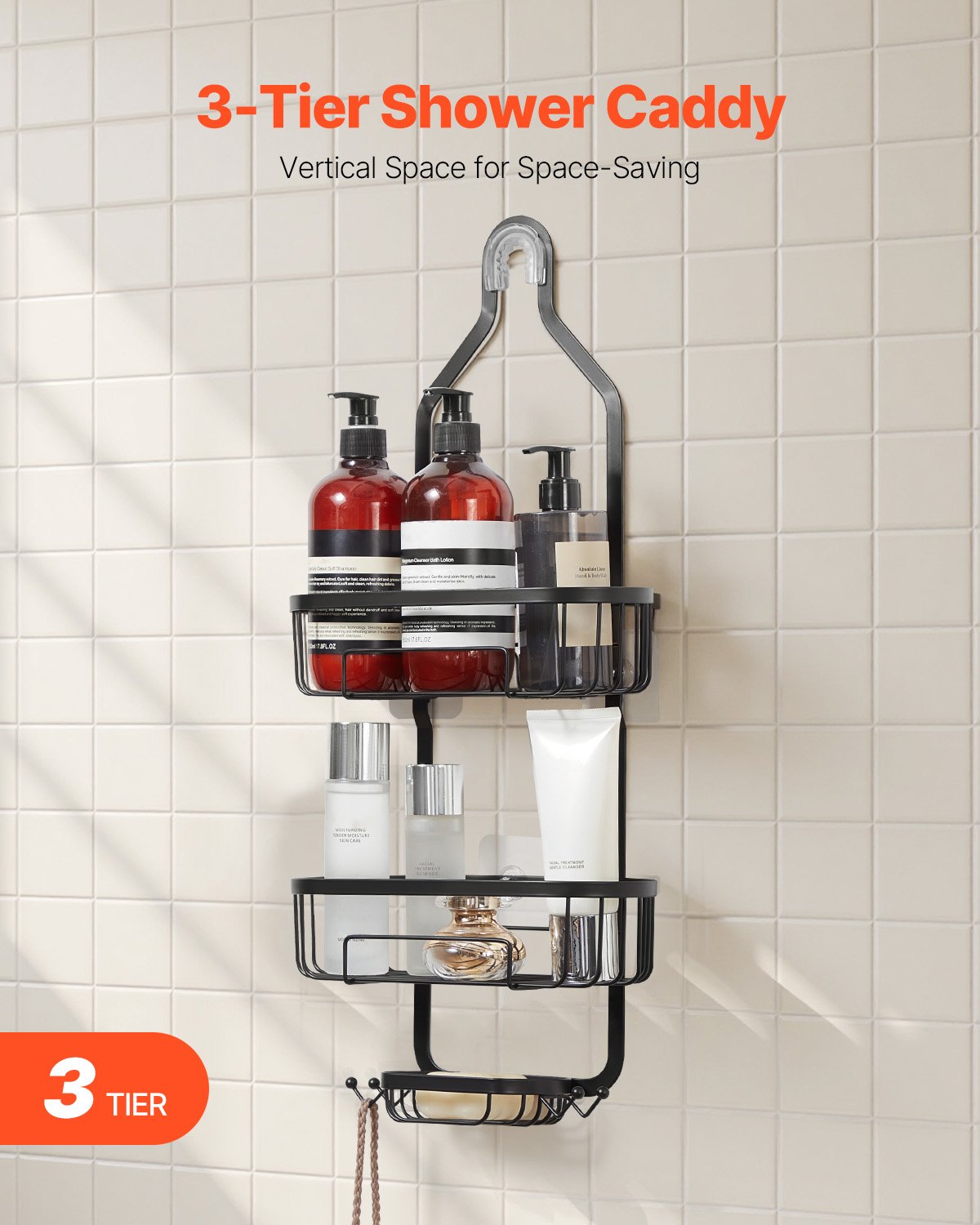 Shower Caddy, 3-Tier Hanging Bathroom Shower Storage Organization Shelves Rack Set, with Soap Holder and Hooks for Towels, Sponge, 40 lbs Large Weight Capacity, Fits Shower Head, Matte Black