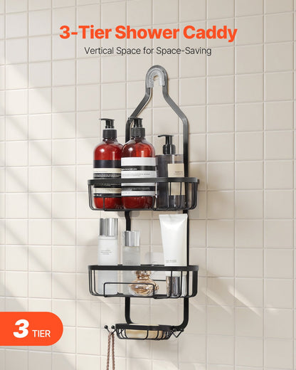 Shower Caddy, 3-Tier Hanging Bathroom Shower Storage Organization Shelves Rack Set, with Soap Holder and Hooks for Towels, Sponge, 40 lbs Large Weight Capacity, Fits Shower Head, Matte Black