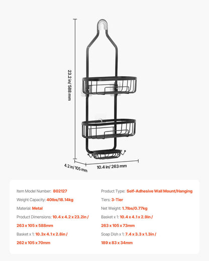 Shower Caddy, 3-Tier Hanging Bathroom Shower Storage Organization Shelves Rack Set, with Soap Holder and Hooks for Towels, Sponge, 40 lbs Large Weight Capacity, Fits Shower Head, Matte Black