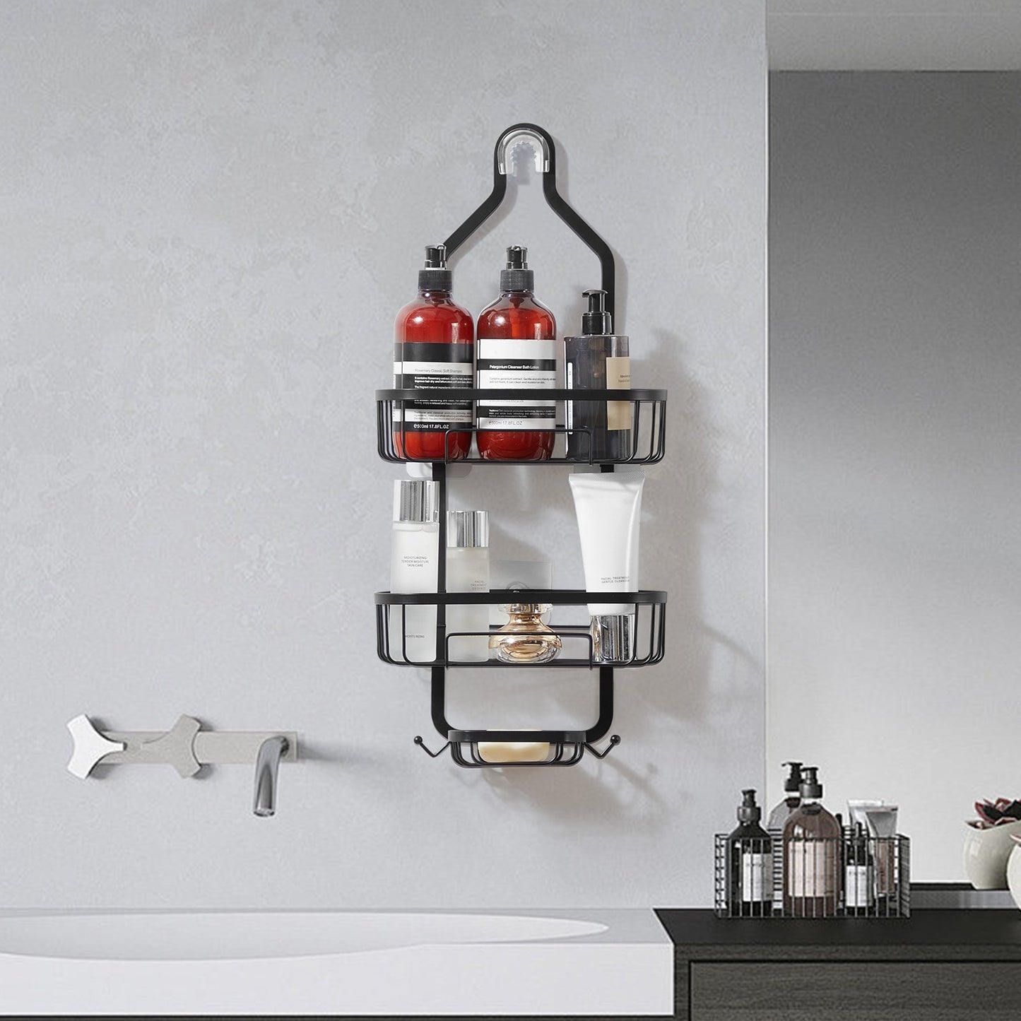 Shower Caddy, 3-Tier Hanging Bathroom Shower Storage Organization Shelves Rack Set, with Soap Holder and Hooks for Towels, Sponge, 40 lbs Large Weight Capacity, Fits Shower Head, Matte Black