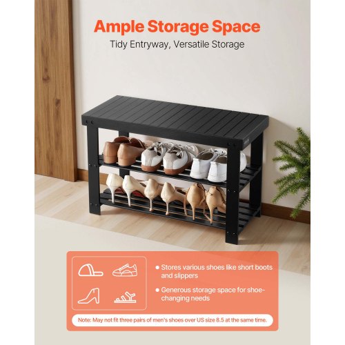 Skohylla, 3-våningars bambubänk för entrén, skoförvaring rymmer upp till 136 kg, 703 x 288 x 451 mm, för ytterdörr, hall, vardagsrum, sovrum, svart |  EU