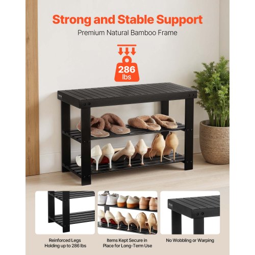 Skohylla, 3-våningars bambubänk för entrén, skoförvaring rymmer upp till 136 kg, 703 x 288 x 451 mm, för ytterdörr, hall, vardagsrum, sovrum, svart |  EU