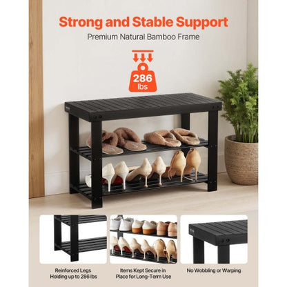 Skohylla, 3-våningars bambubänk för entrén, skoförvaring rymmer upp till 136 kg, 703 x 288 x 451 mm, för ytterdörr, hall, vardagsrum, sovrum, svart |  EU