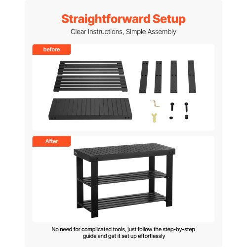Skohylla, 3-våningars bambubänk för entrén, skoförvaring rymmer upp till 136 kg, 703 x 288 x 451 mm, för ytterdörr, hall, vardagsrum, sovrum, svart |  EU