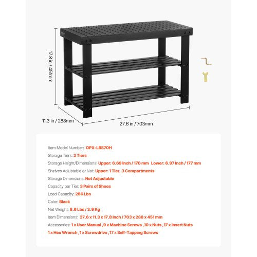 Skohylla, 3-våningars bambubänk för entrén, skoförvaring rymmer upp till 136 kg, 703 x 288 x 451 mm, för ytterdörr, hall, vardagsrum, sovrum, svart |  EU