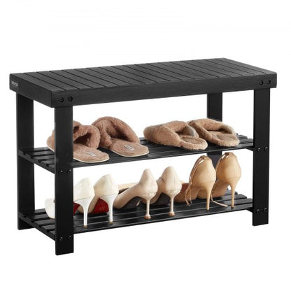 Skohylla, 3-våningars bambubänk för entrén, skoförvaring rymmer upp till 136 kg, 703 x 288 x 451 mm, för ytterdörr, hall, vardagsrum, sovrum, svart |  EU