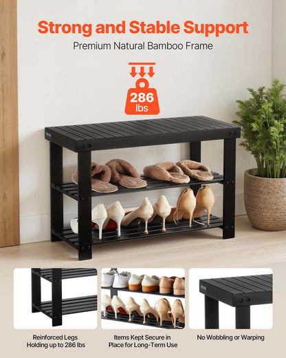 Shoe Rack Bench, 3-Tier Bamboo Entryway Bench, Shoe Storage Organizer Holds Up to 286 lbs, 27.6 x 11.3 x 17.8 Inches, for Front Door, Hallway, Living Room, Bedroom, Black