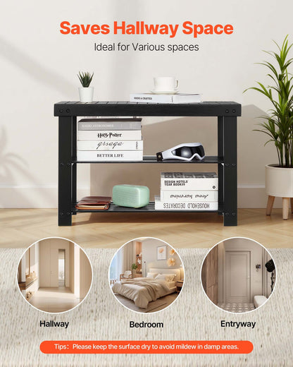 Shoe Rack Bench, 3-Tier Bamboo Entryway Bench, Shoe Storage Organizer Holds Up to 286 lbs, 27.6 x 11.3 x 17.8 Inches, for Front Door, Hallway, Living Room, Bedroom, Black