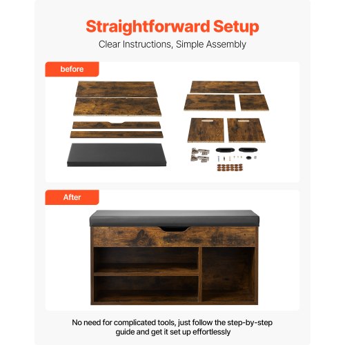 Skobänk för hall, 805 x 305 x 445 mm skoförvaring med dold lyftbar topp, 136 kg bänk med stoppad sits och 3 skåp för hall, vardagsrum, sovrum, brun + svart |  EU