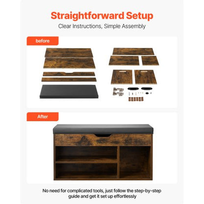 Skobänk för hall, 805 x 305 x 445 mm skoförvaring med dold lyftbar topp, 136 kg bänk med stoppad sits och 3 skåp för hall, vardagsrum, sovrum, brun + svart |  EU