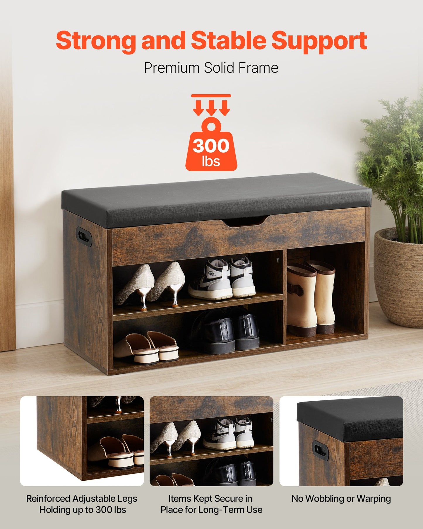 Entryway Shoe Bench, 31.7 x 12.0 x 17.5 Inch Shoe Storage Organizer with Lift Top Storage Space, 300lbs Bench with Cushion Seat and 3 Cabinets for Hallway, Living Room, Bedroom, Brown + Black