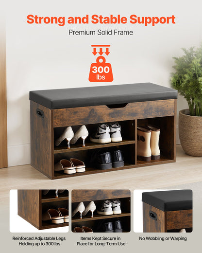 Entryway Shoe Bench, 31.7 x 12.0 x 17.5 Inch Shoe Storage Organizer with Lift Top Storage Space, 300lbs Bench with Cushion Seat and 3 Cabinets for Hallway, Living Room, Bedroom, Brown + Black