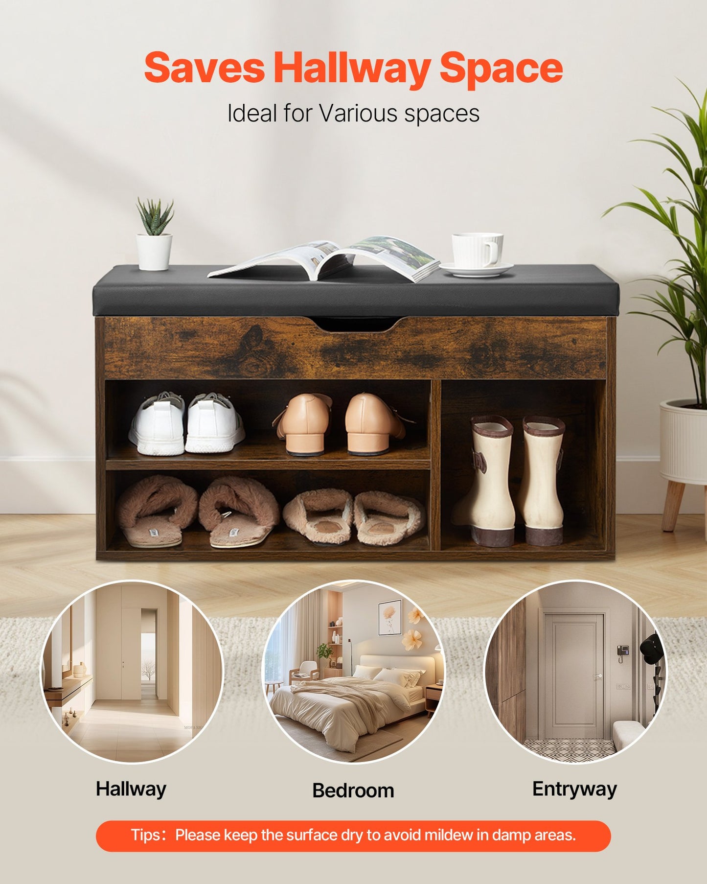 Entryway Shoe Bench, 31.7 x 12.0 x 17.5 Inch Shoe Storage Organizer with Lift Top Storage Space, 300lbs Bench with Cushion Seat and 3 Cabinets for Hallway, Living Room, Bedroom, Brown + Black