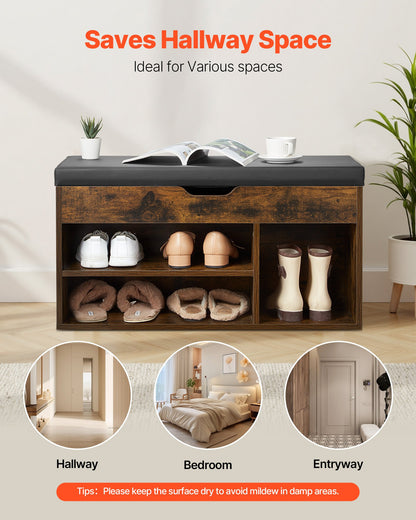Entryway Shoe Bench, 31.7 x 12.0 x 17.5 Inch Shoe Storage Organizer with Lift Top Storage Space, 300lbs Bench with Cushion Seat and 3 Cabinets for Hallway, Living Room, Bedroom, Brown + Black
