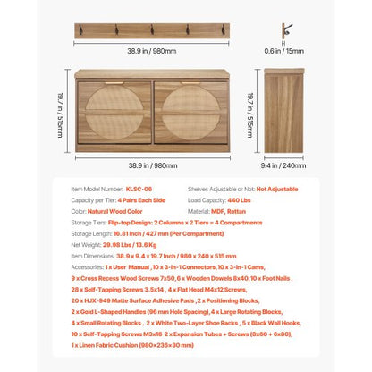 Skobänk för entrén, 988 x 240 x 500 mm rottingliknande skobänk med fällbara lådor, 180 kg skohylla med dynor, 4 fack och rottingdörrar, för hall, vardagsrum, sovrum |  EU
