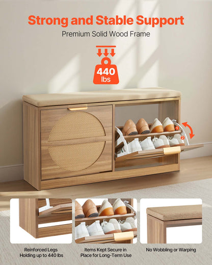 Entryway Shoe Bench, 38.9 x 9.4 x 19.7 Inch Rattan-Like Shoes Bench with Flip Drawers, 440lbs Shoe Storage Rack with Cushion, 4 Compartments and Rattan Doors, for Hallway, Living Room, Bedroom