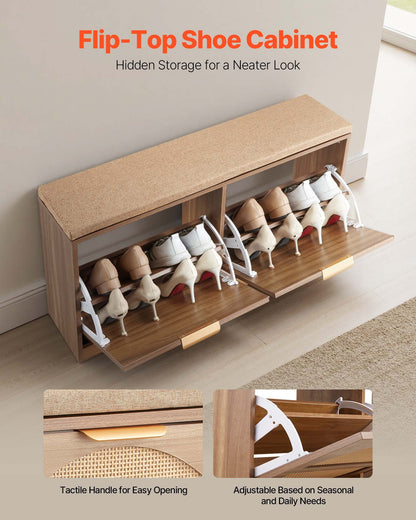 Entryway Shoe Bench, 38.9 x 9.4 x 19.7 Inch Rattan-Like Shoes Bench with Flip Drawers, 440lbs Shoe Storage Rack with Cushion, 4 Compartments and Rattan Doors, for Hallway, Living Room, Bedroom