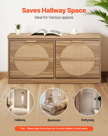 Entryway Shoe Bench, 38.9 x 9.4 x 19.7 Inch Rattan-Like Shoes Bench with Flip Drawers, 440lbs Shoe Storage Rack with Cushion, 4 Compartments and Rattan Doors, for Hallway, Living Room, Bedroom