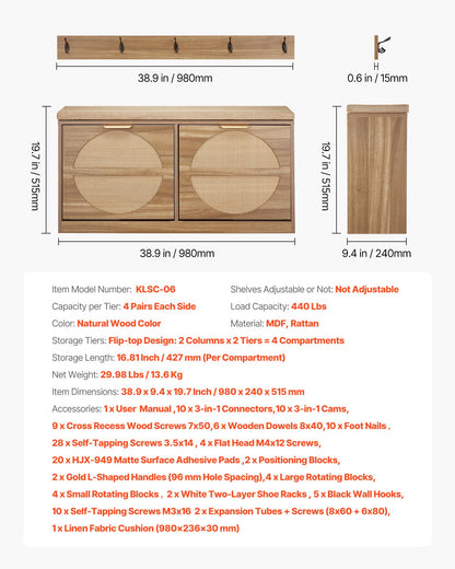 Entryway Shoe Bench, 38.9 x 9.4 x 19.7 Inch Rattan-Like Shoes Bench with Flip Drawers, 440lbs Shoe Storage Rack with Cushion, 4 Compartments and Rattan Doors, for Hallway, Living Room, Bedroom