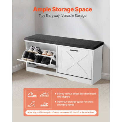 Skoförvaringsbänk för entrén, 1000 x 305 x 475 mm skoorganisatör med fällbara lådor, 180 kg smal skohylla med dynor och fällbara dörrar, för hall, vardagsrum, sovrum, svart + vit |  EU