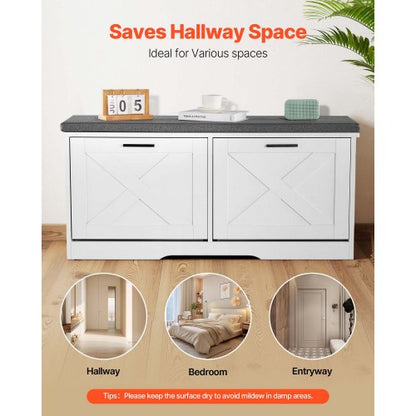Skoförvaringsbänk för entrén, 1000 x 305 x 475 mm skoorganisatör med fällbara lådor, 180 kg smal skohylla med dynor och fällbara dörrar, för hall, vardagsrum, sovrum, svart + vit |  EU
