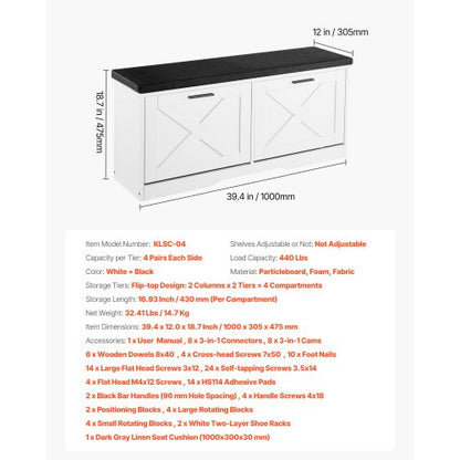 Skoförvaringsbänk för entrén, 1000 x 305 x 475 mm skoorganisatör med fällbara lådor, 180 kg smal skohylla med dynor och fällbara dörrar, för hall, vardagsrum, sovrum, svart + vit |  EU