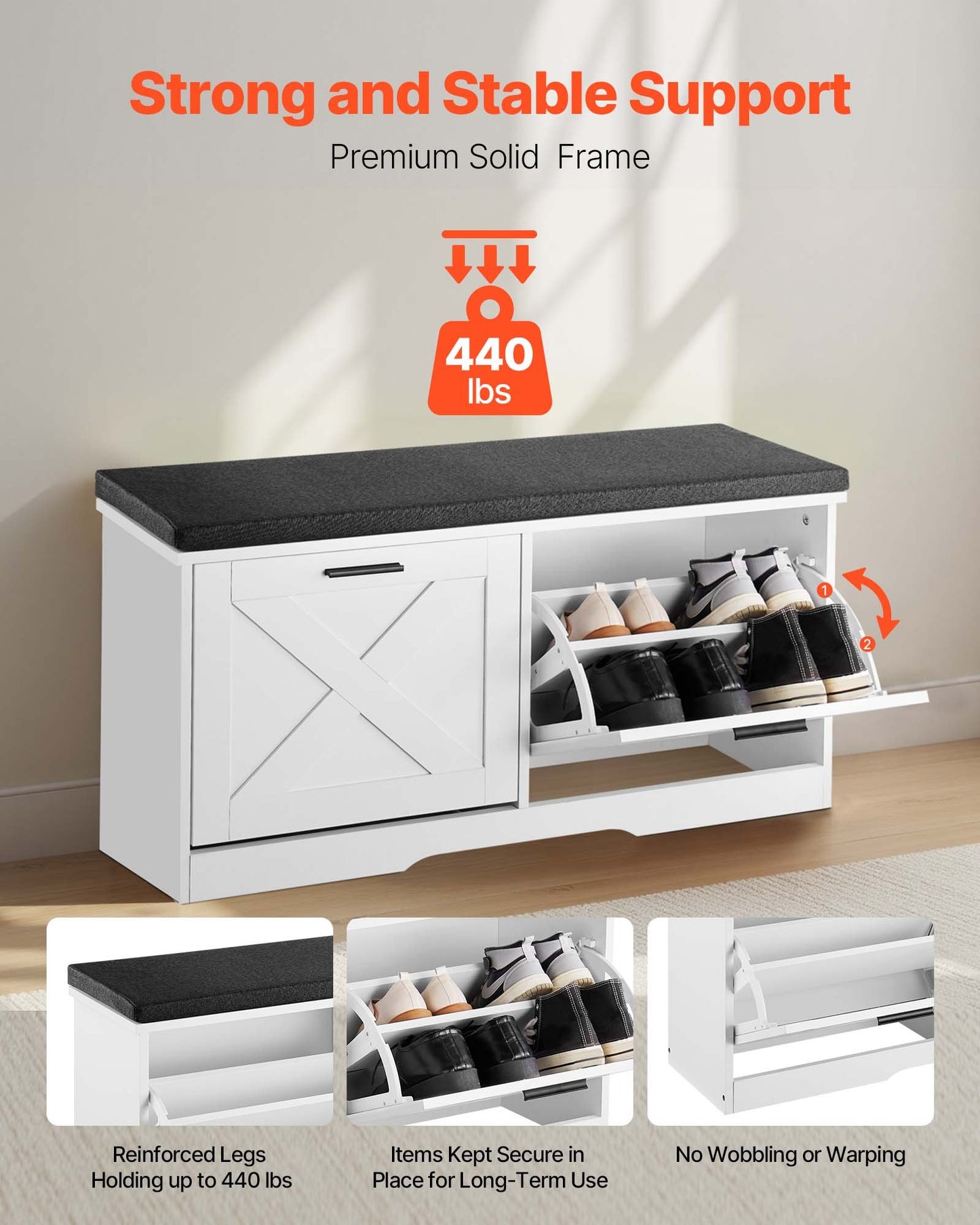 Entryway Shoe Storage Bench, 39.4 x 12.0 x 18.7 Inch Shoe Organizer with Flip Drawers, 440lbs Narrow Shoes Rack Bench with Cushion & Flip Doors, for Hallway, Living Room, Bedroom, Black + White