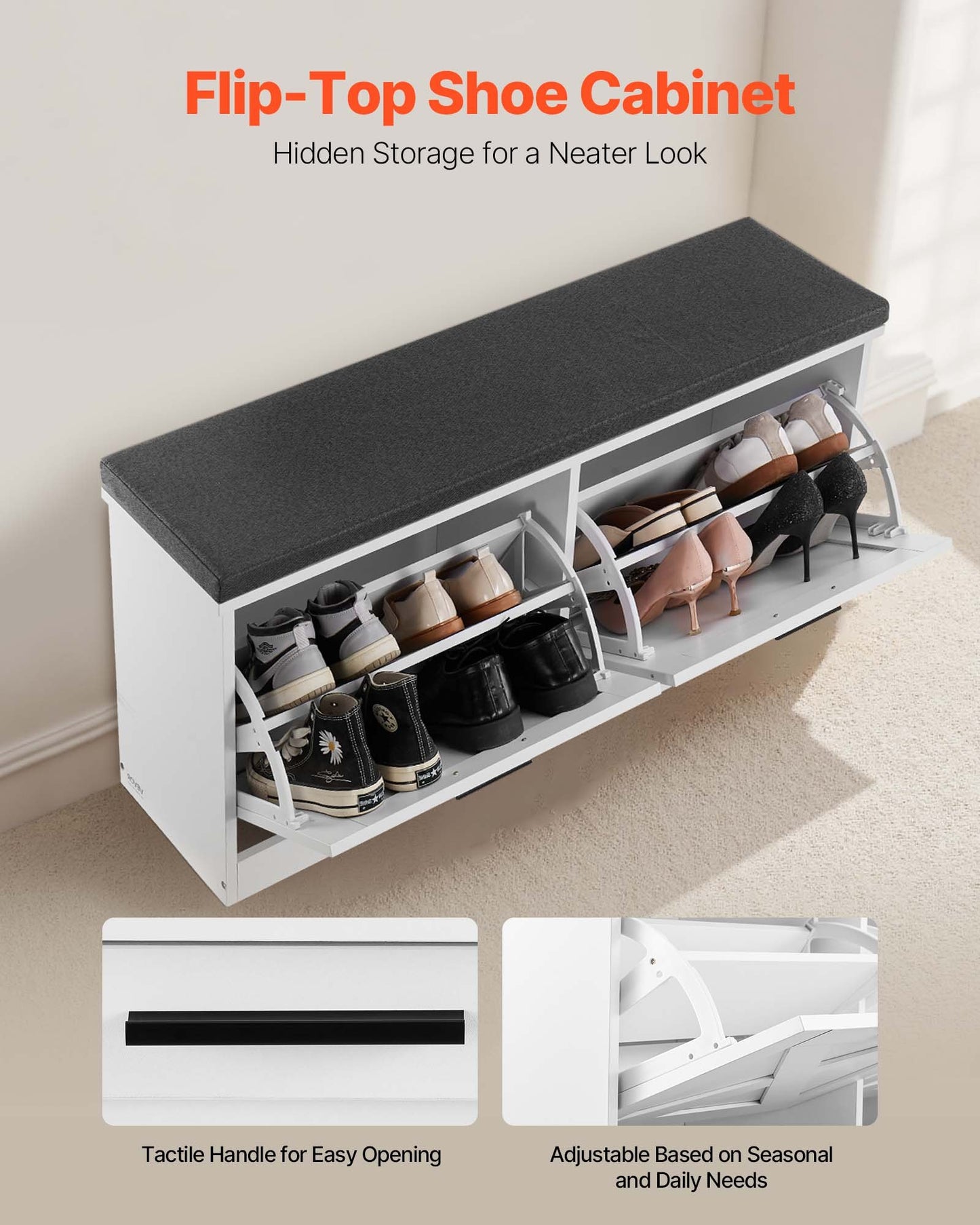 Entryway Shoe Storage Bench, 39.4 x 12.0 x 18.7 Inch Shoe Organizer with Flip Drawers, 440lbs Narrow Shoes Rack Bench with Cushion & Flip Doors, for Hallway, Living Room, Bedroom, Black + White