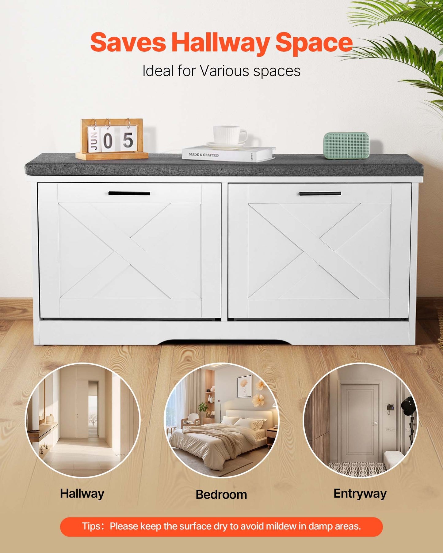 Entryway Shoe Storage Bench, 39.4 x 12.0 x 18.7 Inch Shoe Organizer with Flip Drawers, 440lbs Narrow Shoes Rack Bench with Cushion & Flip Doors, for Hallway, Living Room, Bedroom, Black + White